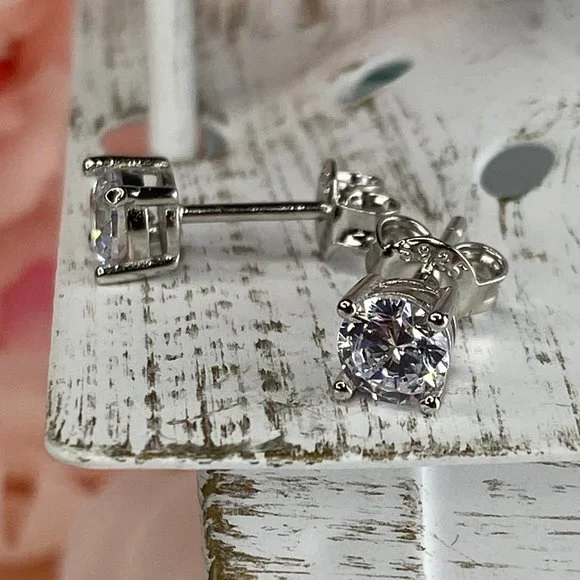 Sterling Silver Woman's 5mm Round CZ Stud Earrings - Picture 3 of 5